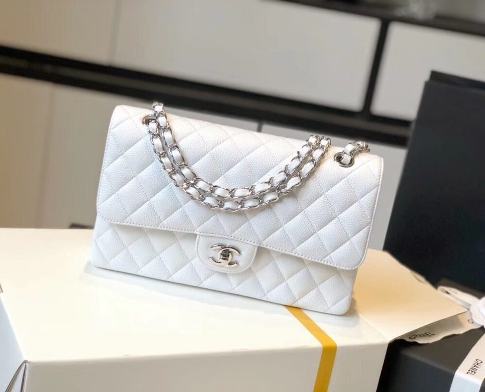 [REP 1:1] Chanel Classic Medium Flapbag Silver Hardware White 10in/25.5cm