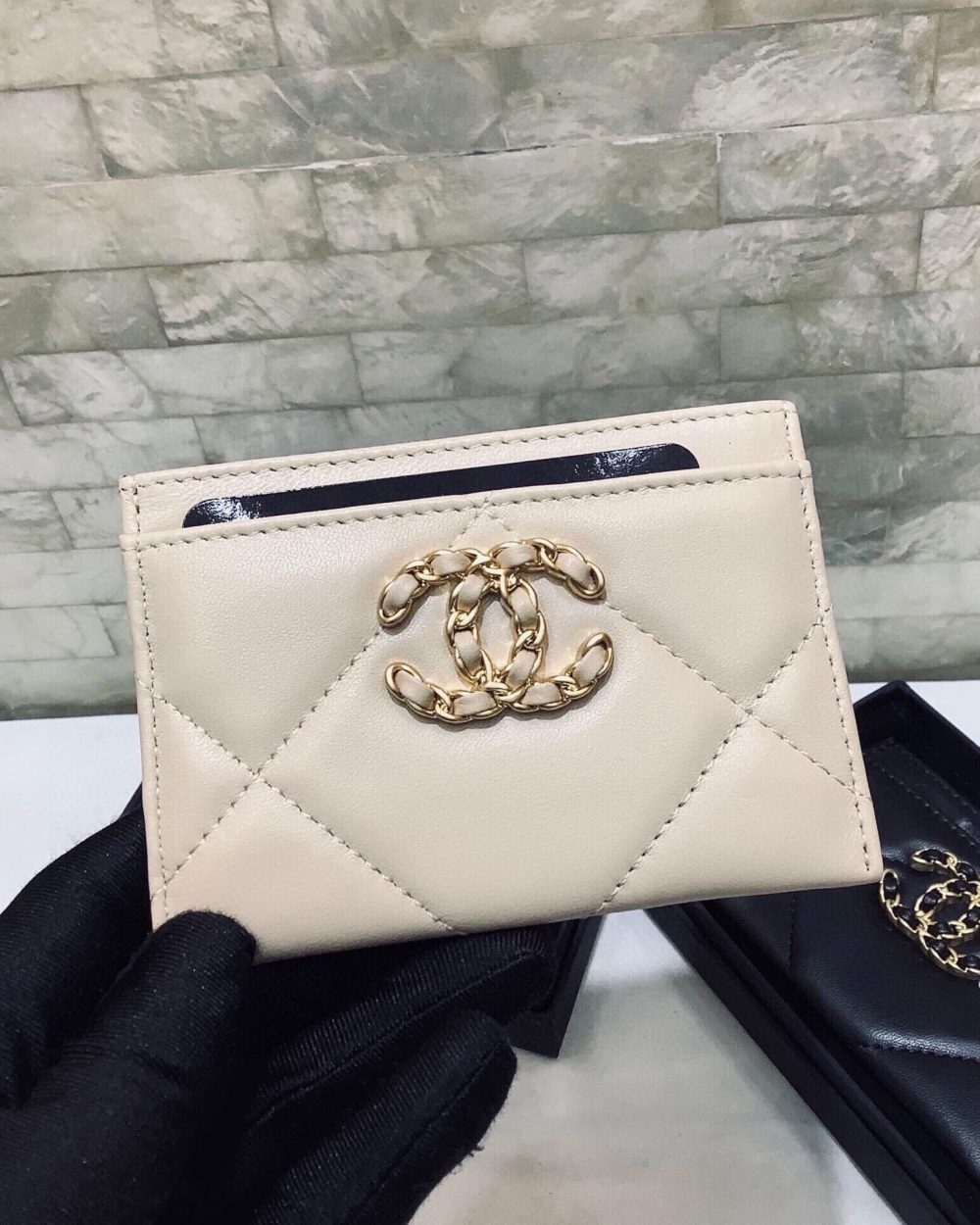 1:1 Replica Chanel CO-CO 19 Card Holder Wallet 11cm/4.3in Gold Toned Hardware For Women Beige