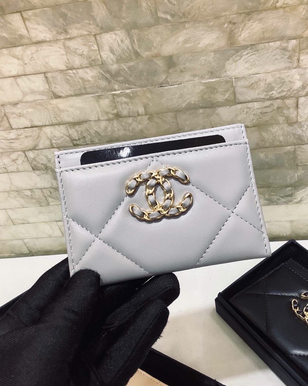 1:1 Replica Chanel CO-CO 19 Card Holder Wallet 11cm/4.3in Gold Toned Hardware For Women Grey AP1167 B07327 NG752
