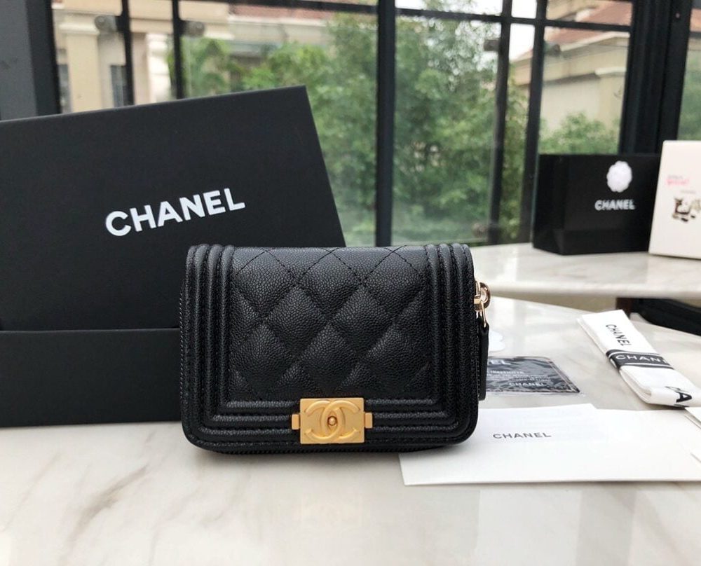 1:1 Replica Chanel CO-CO Boy Chanel Zipped Coin Purse 11cm/4.3in Gold Toned Hardware For Women Black