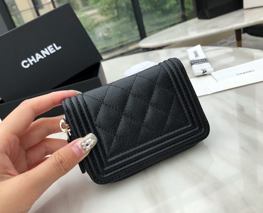 1:1 Replica Chanel CO-CO Boy Chanel Zipped Coin Purse 11cm/4.3in Gold Toned Hardware For Women Black