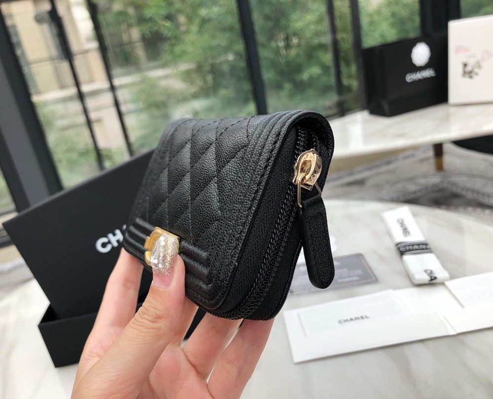 1:1 Replica Chanel CO-CO Boy Chanel Zipped Coin Purse 11cm/4.3in Gold Toned Hardware For Women Black