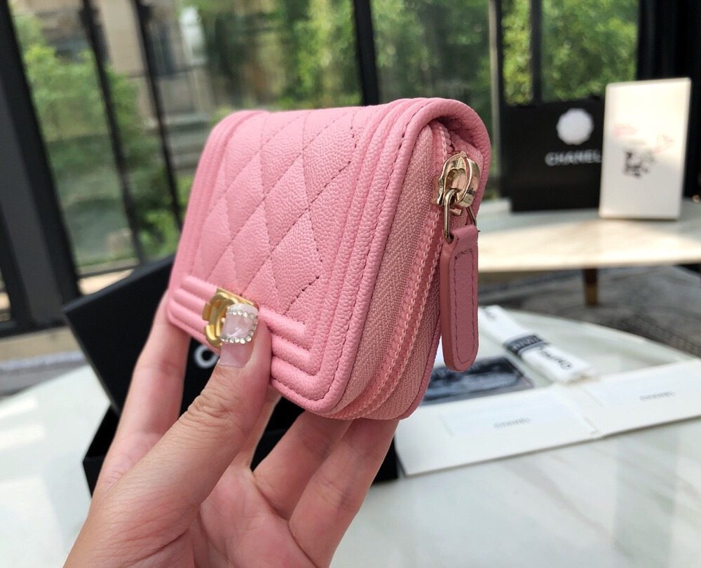 1:1 Replica Chanel CO-CO Boy Chanel Zipped Coin Purse 11cm/4.3in Gold Toned Hardware For Women Pink
