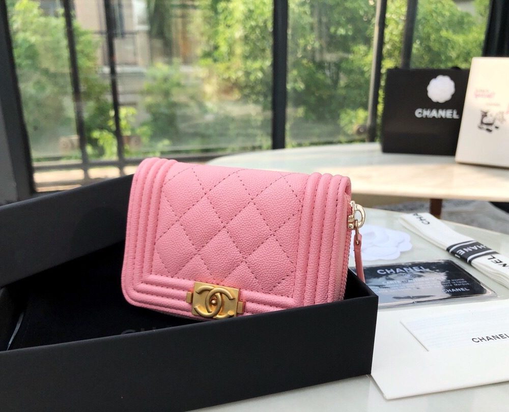 1:1 Replica Chanel CO-CO Boy Chanel Zipped Coin Purse 11cm/4.3in Gold Toned Hardware For Women Pink