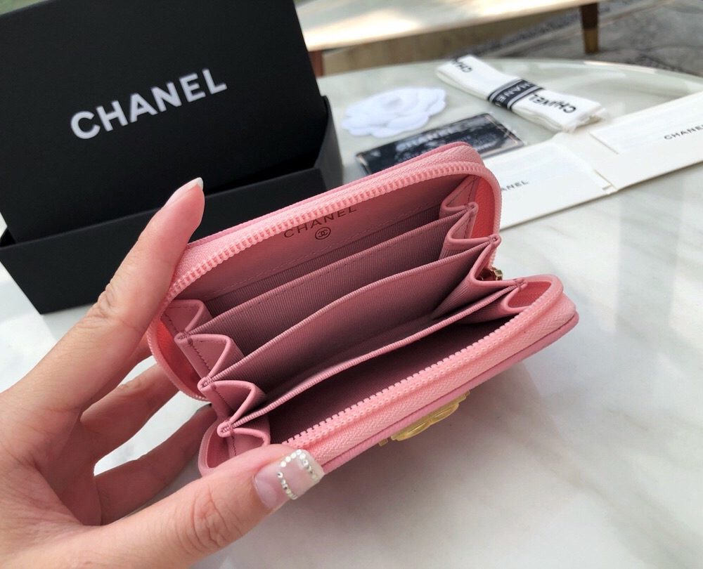 1:1 Replica Chanel CO-CO Boy Chanel Zipped Coin Purse 11cm/4.3in Gold Toned Hardware For Women Pink
