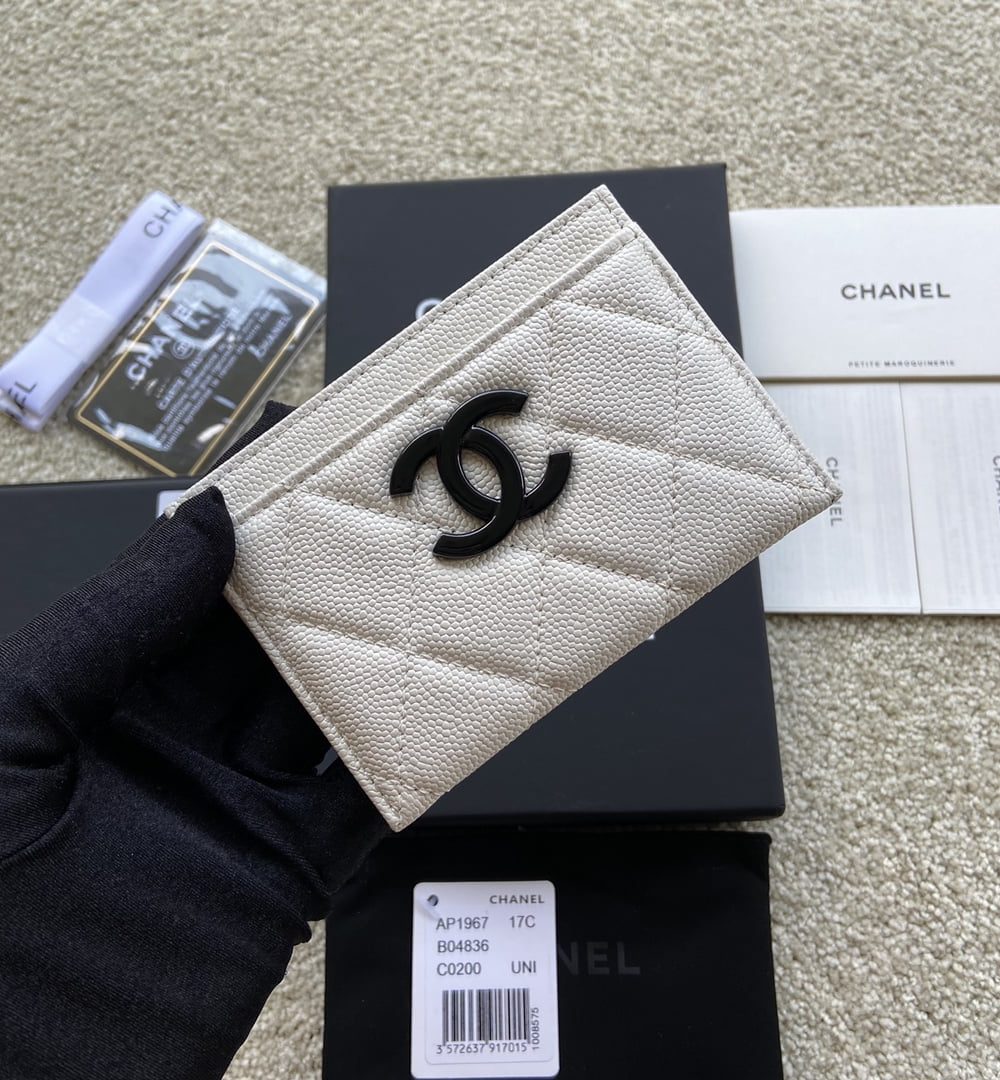 1:1 Replica Chanel CO-CO Card Holder 11cm/4.3in Black Hardware For Women Beige