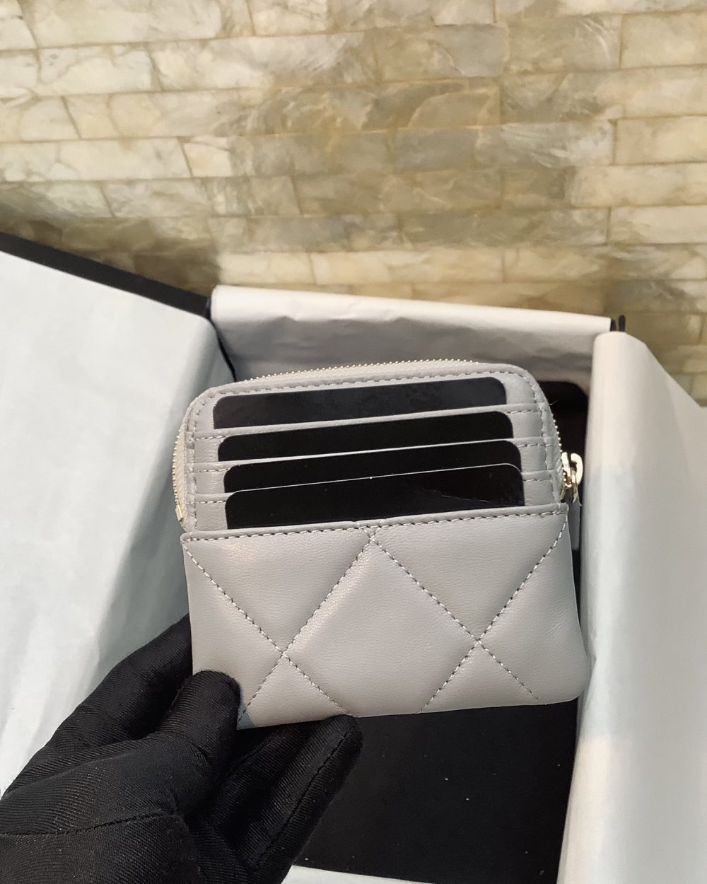 1:1 Replica Chanel CO-CO Card Holder 12cm/4.7in Gold Hardware For Women Grey