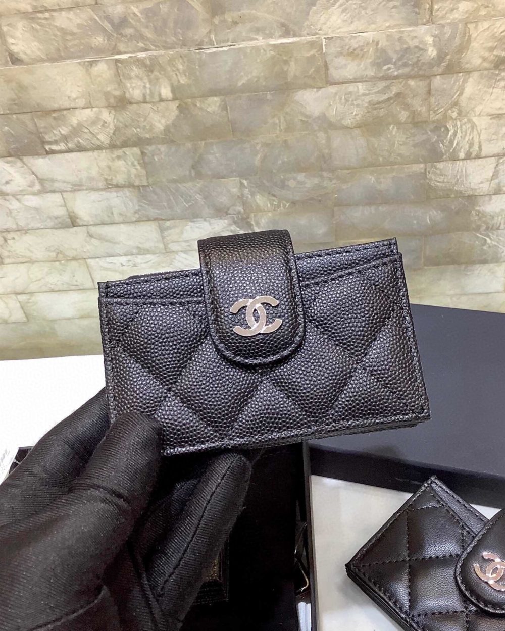 1:1 Replica Chanel CO-CO Card Holder Wallet 10cm/4in Silver Hardware For Women Black