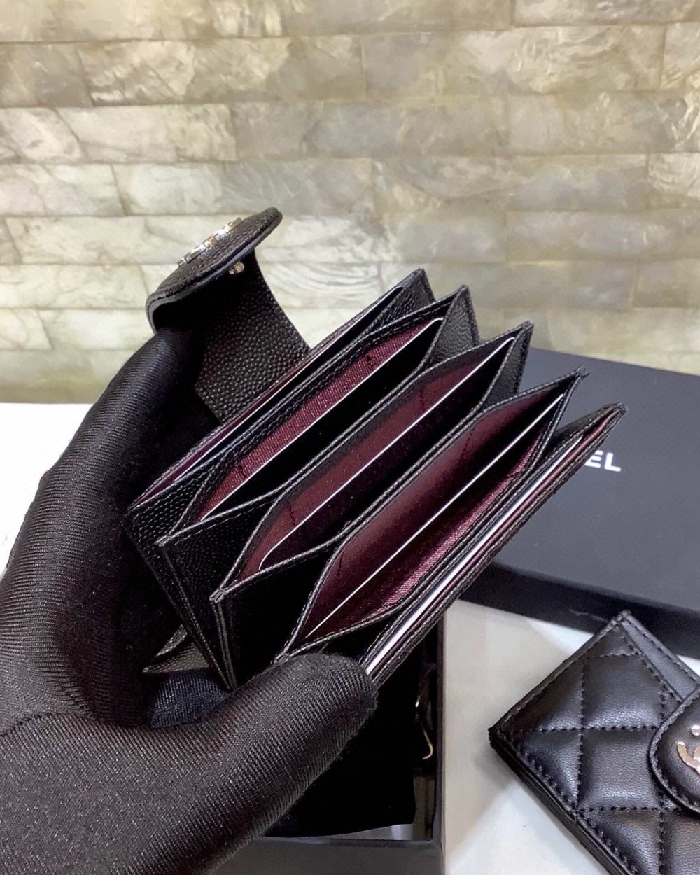 1:1 Replica Chanel CO-CO Card Holder Wallet 10cm/4in Silver Hardware For Women Black