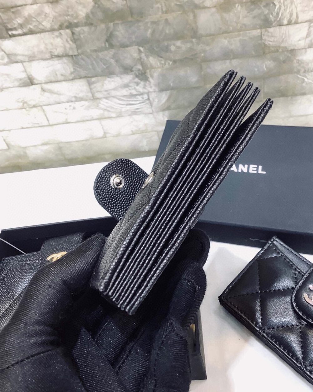 1:1 Replica Chanel CO-CO Card Holder Wallet 10cm/4in Silver Hardware For Women Black