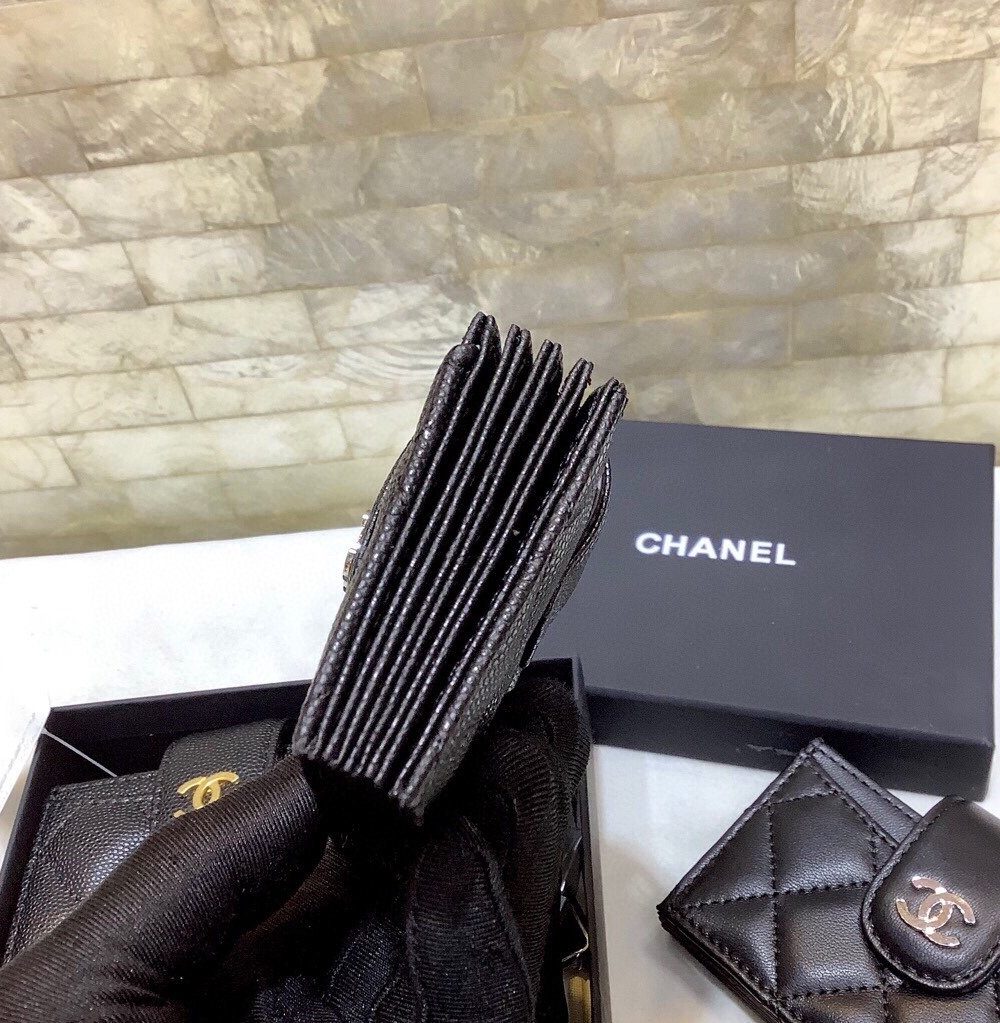 1:1 Replica Chanel CO-CO Card Holder Wallet 10cm/4in Silver Hardware For Women Black