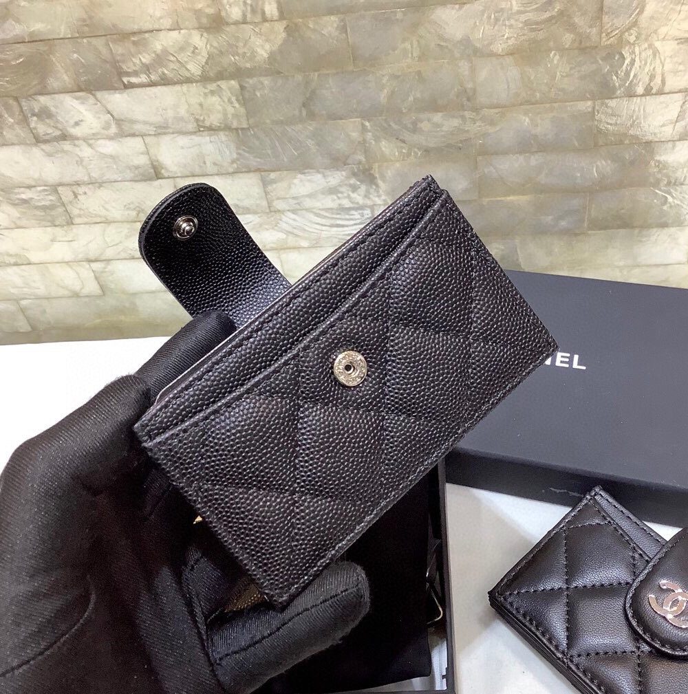 1:1 Replica Chanel CO-CO Card Holder Wallet 10cm/4in Silver Hardware For Women Black