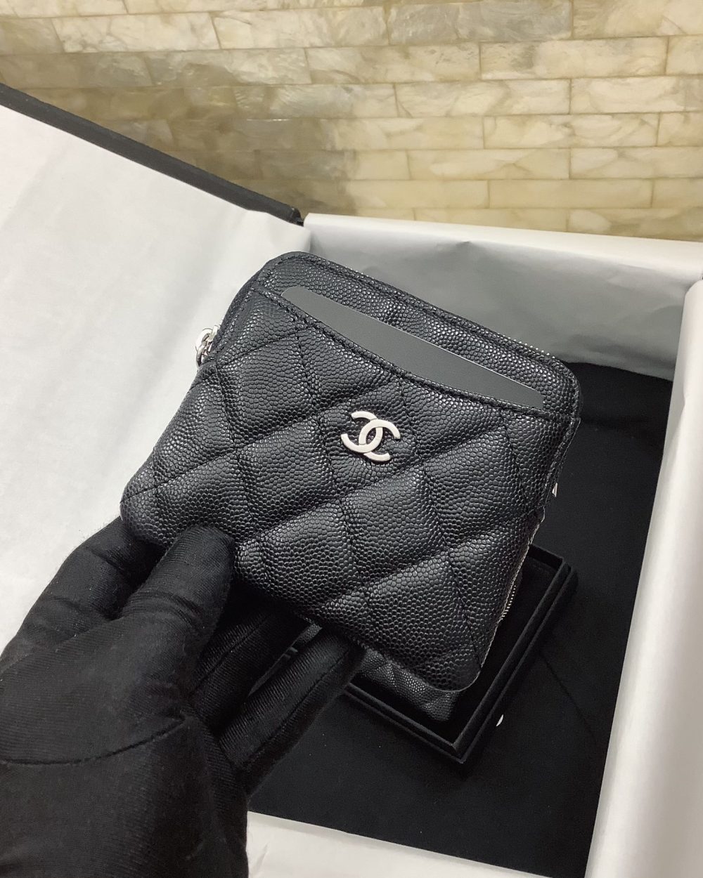 1:1 Replica Chanel CO-CO Classic Card Holder 19cm/7.5in Silver Hardware For Women Black