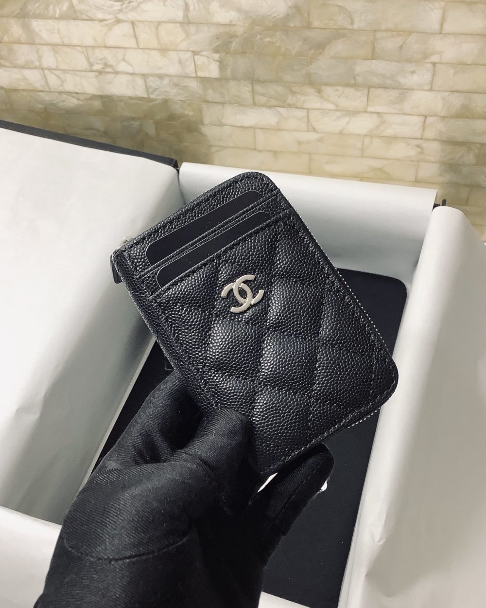 1:1 Replica Chanel CO-CO Small Card Holder Wallet 11cm/4.3in Silver Hardware For Women Black