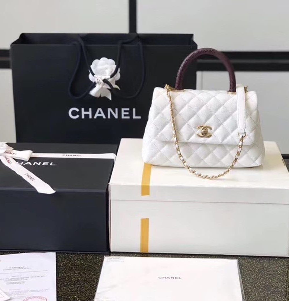 [REP 1:1] Chanel Coco Handle Quilted Lizard Handle Bag 24cm Caviar Leather Gold Hardware Spring/Summer Act 1 Collection, White