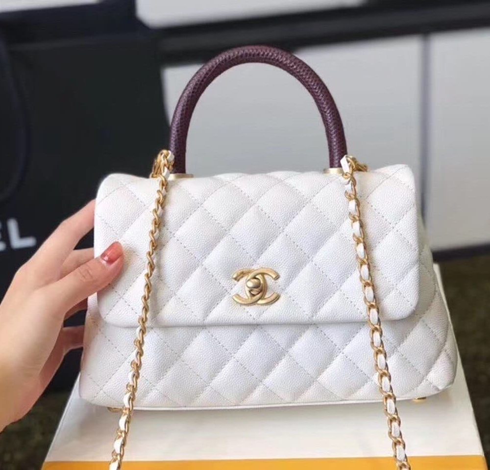 [REP 1:1] Chanel Coco Handle Quilted Lizard Handle Bag 24cm Caviar Leather Gold Hardware Spring/Summer Act 1 Collection, White