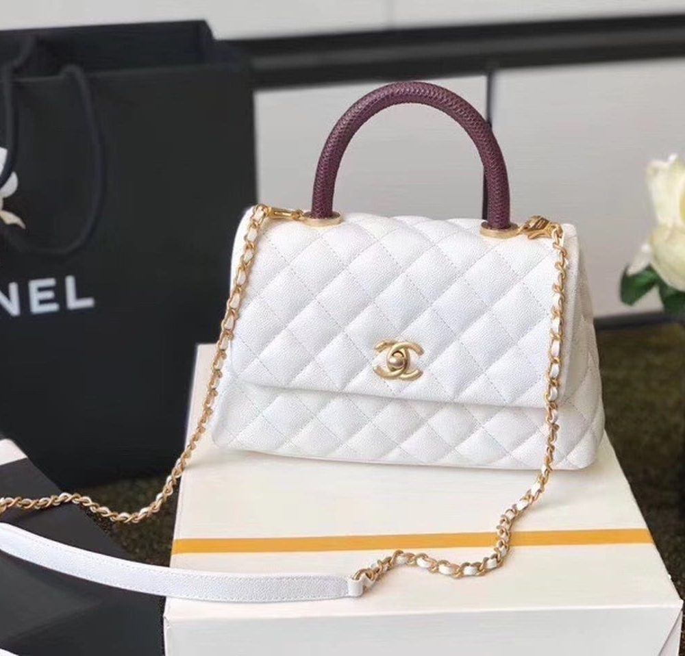 [REP 1:1] Chanel Coco Handle Quilted Lizard Handle Bag 24cm Caviar Leather Gold Hardware Spring/Summer Act 1 Collection, White