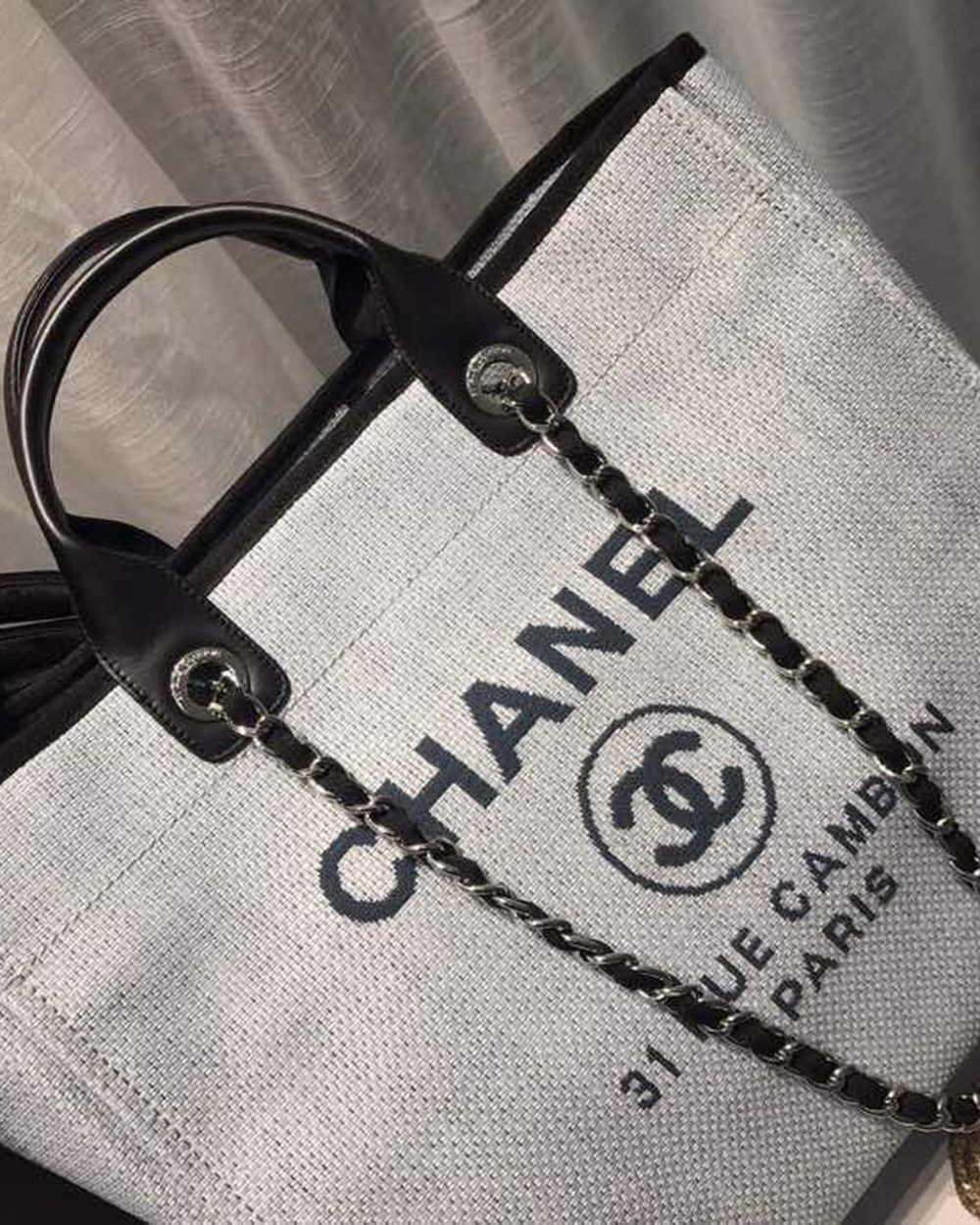 [REP 1:1] Chanel Deauville Tote Canvas Bag Light Grey For Women, Women's Handbags, Shoulder Bags 15in/38cm A66941