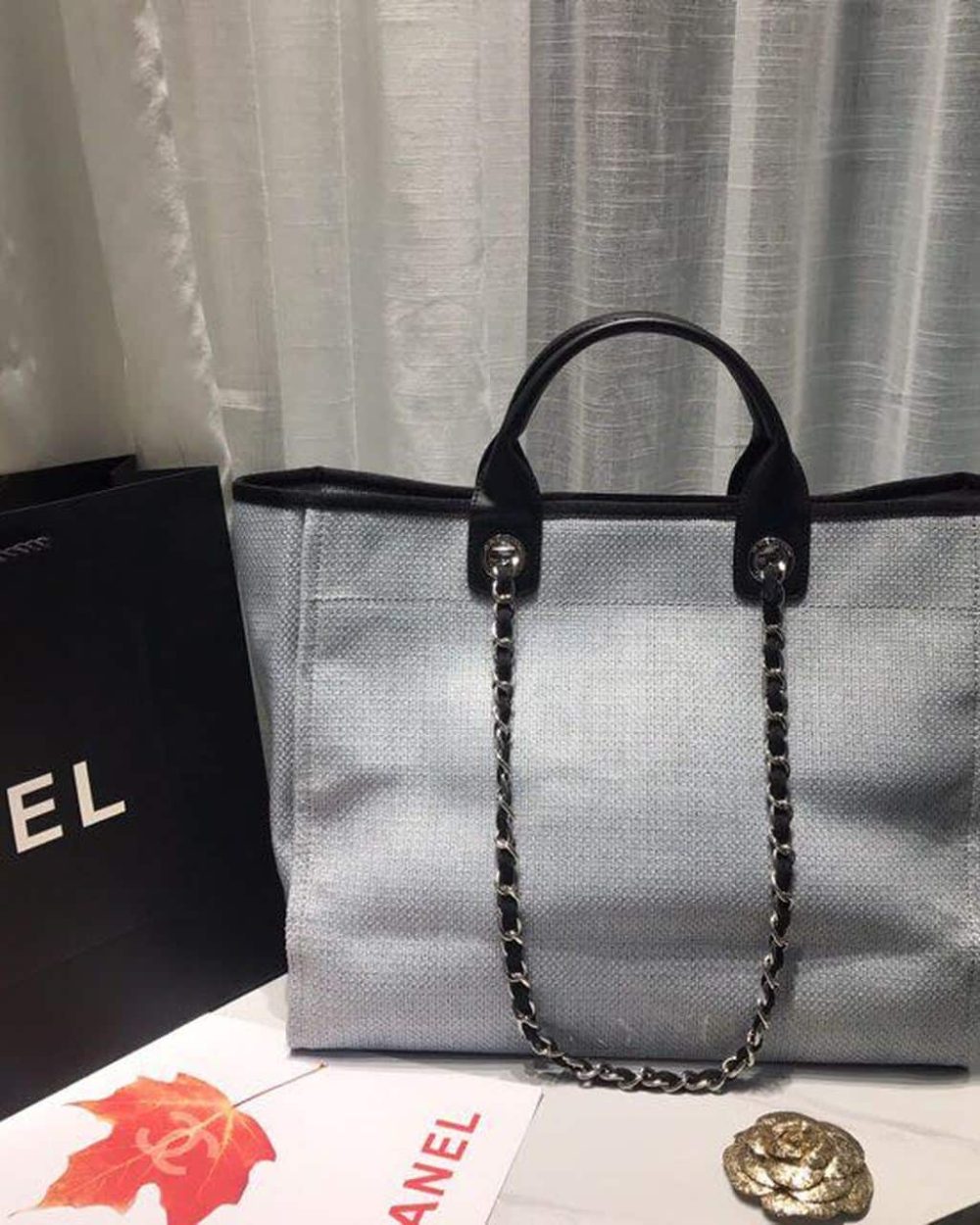 [REP 1:1] Chanel Deauville Tote Canvas Bag Light Grey For Women, Women's Handbags, Shoulder Bags 15in/38cm A66941