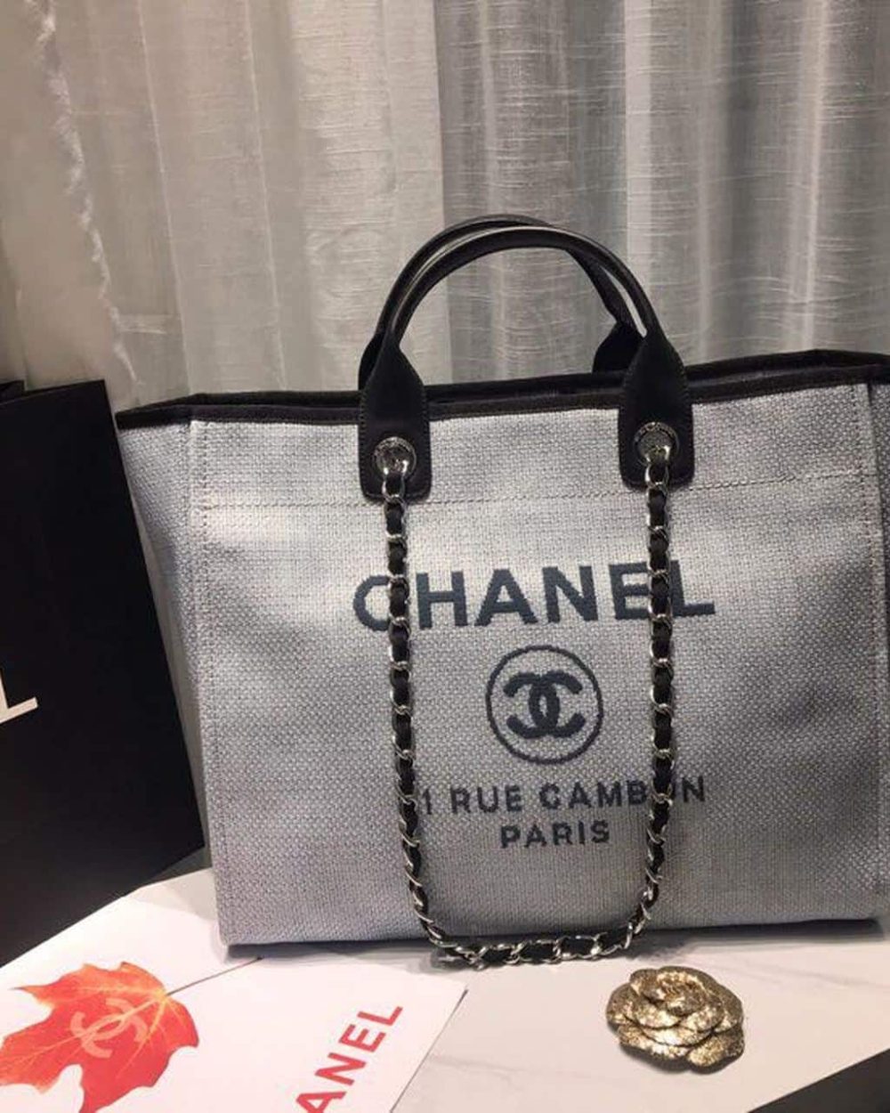 [REP 1:1] Chanel Deauville Tote Canvas Bag Light Grey For Women, Women's Handbags, Shoulder Bags 15in/38cm A66941