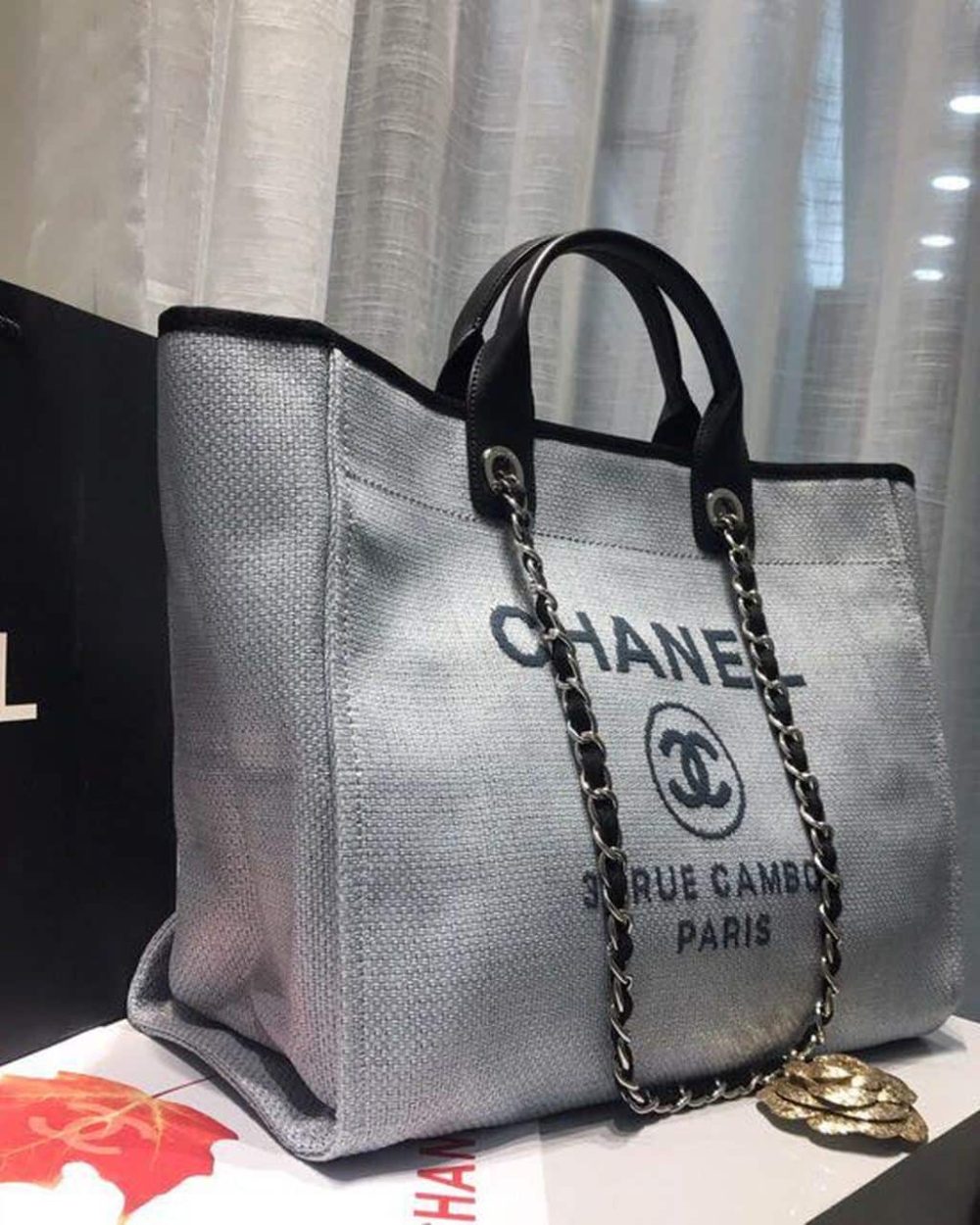[REP 1:1] Chanel Deauville Tote Canvas Bag Light Grey For Women, Women's Handbags, Shoulder Bags 15in/38cm A66941