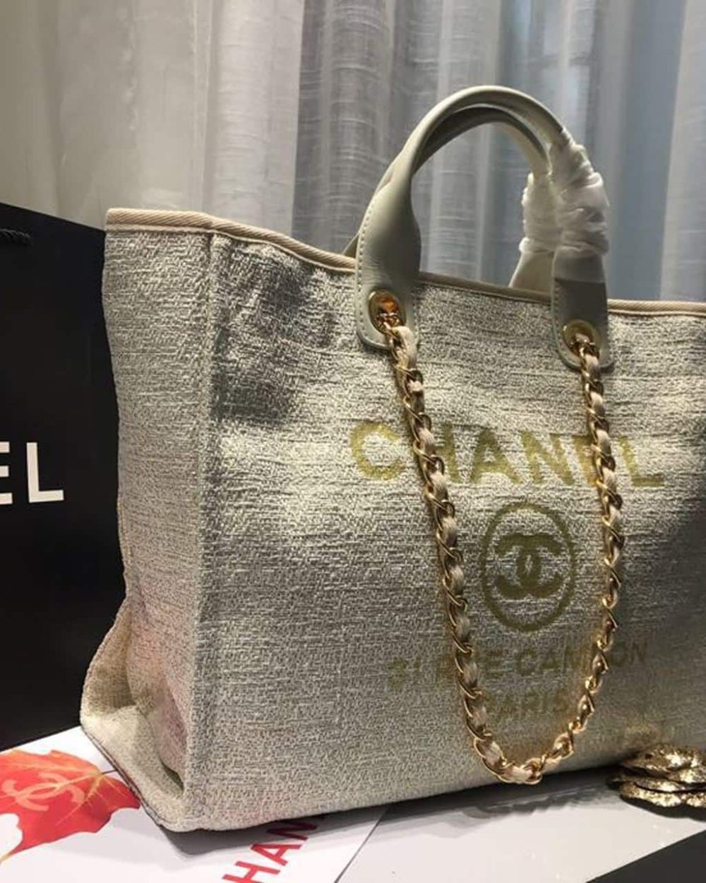 [REP 1:1] Chanel Deauville Tote Tweed Canvas Bag Fall/Winter Collection, Beige/Cream/Gold/Multi For Women 15in/38cm