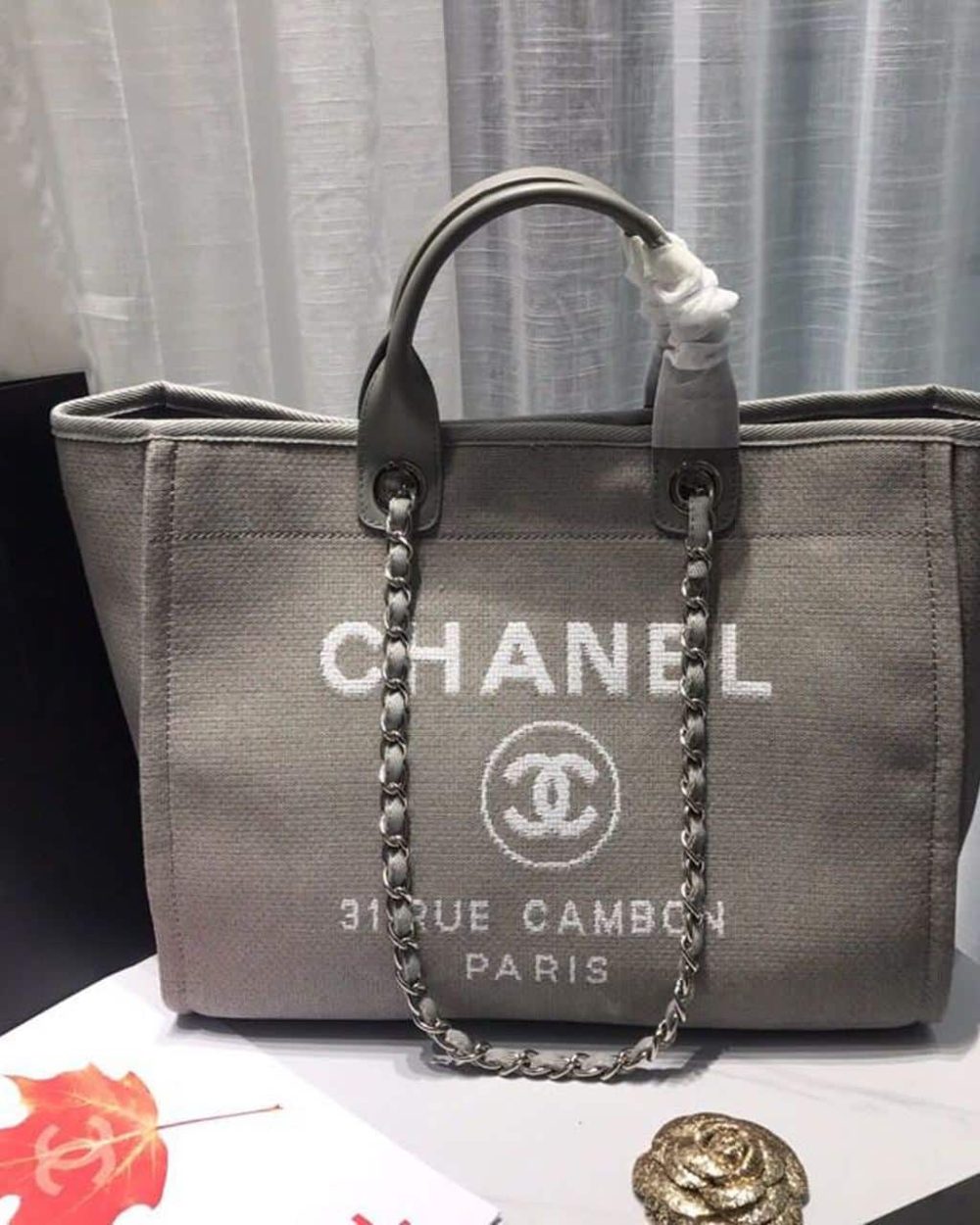[REP 1:1] Chanel Deauville Tote Tweed Canvas Bag Fall/Winter Collection, Light Grey/White For Women 15in/38cm