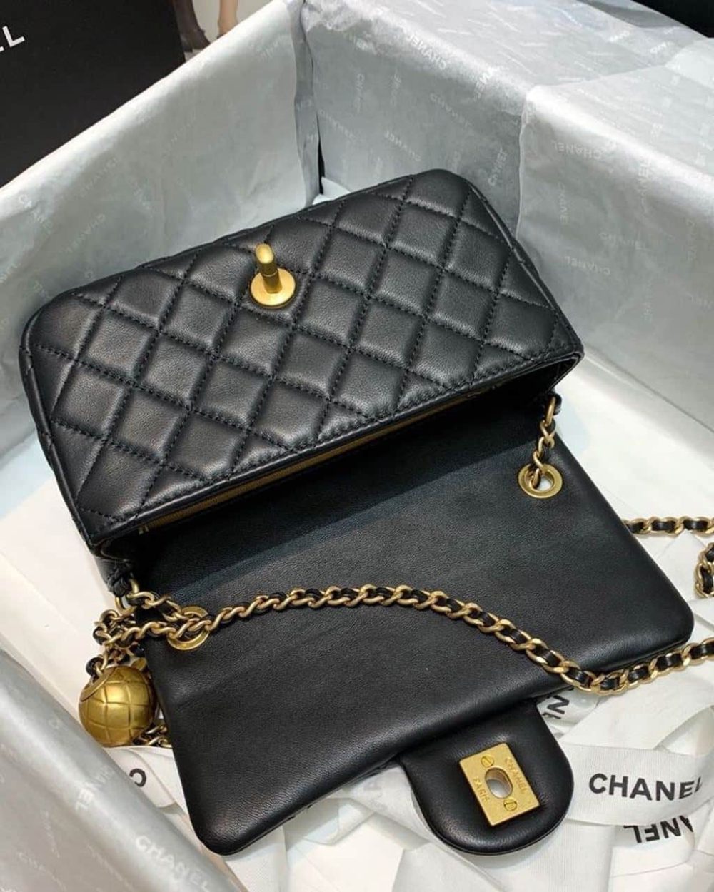 1:1 Replica Chanel Flap Bag With CC Ball On Strap Black For Women, Women's Handbags, Shoulder And Crossbody Bags 7.8in/20cm AS1787