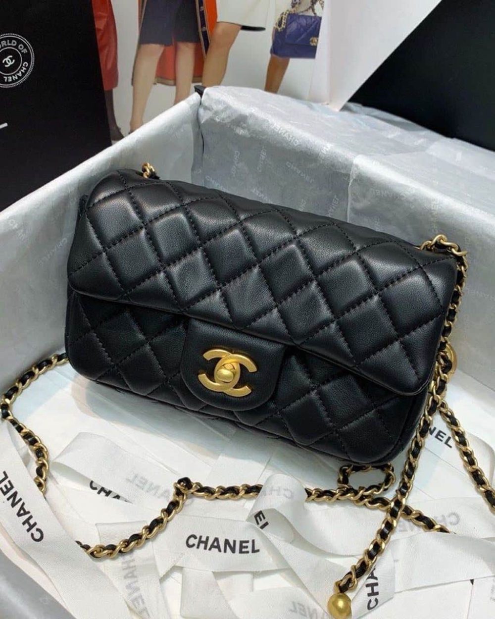 1:1 Replica Chanel Flap Bag With CC Ball On Strap Black For Women, Women's Handbags, Shoulder And Crossbody Bags 7.8in/20cm AS1787
