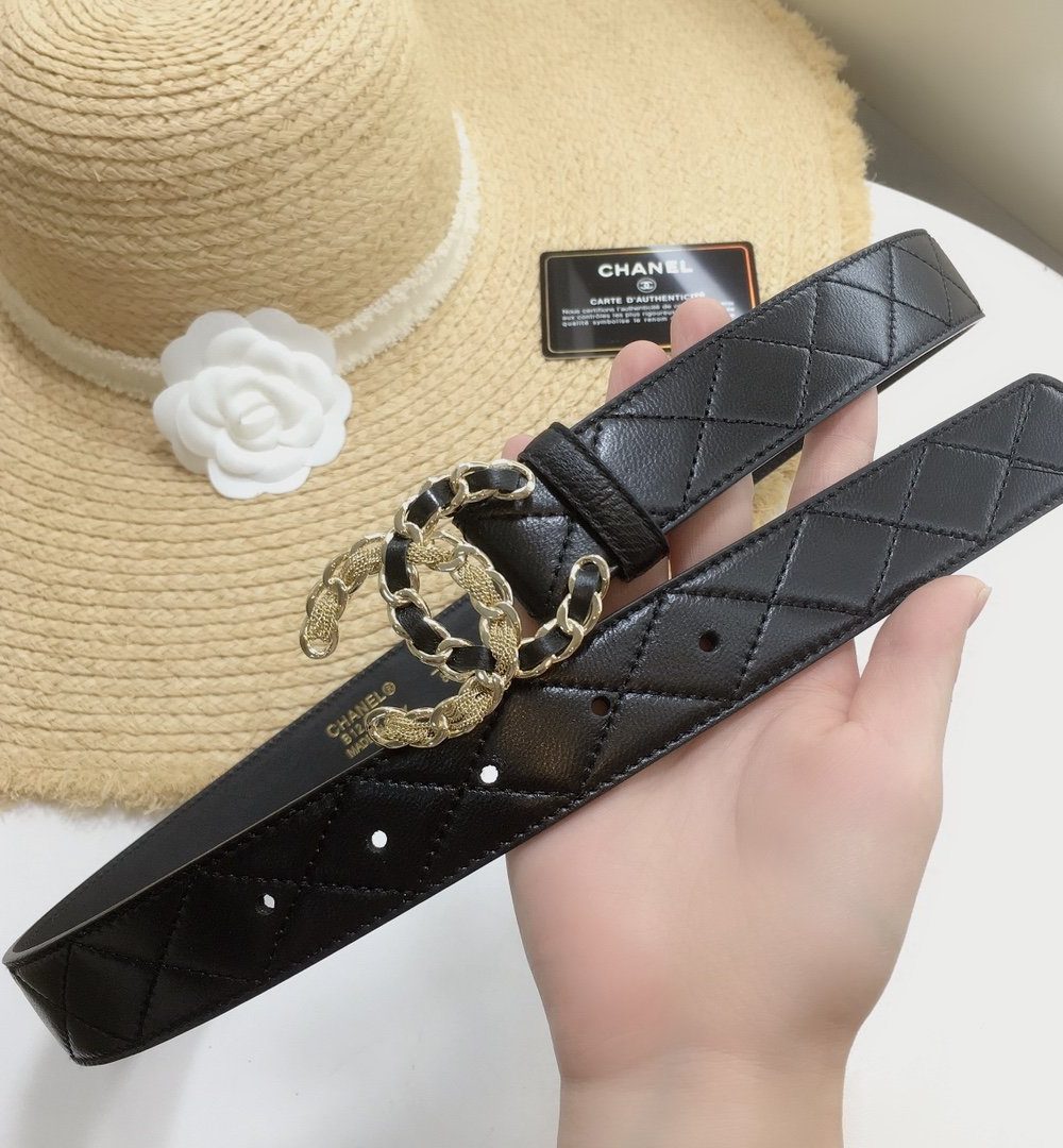 1:1 Replica Chanel Quilted Belt With Double C Buckle Black with Gold mix Black Hardware Women Belt