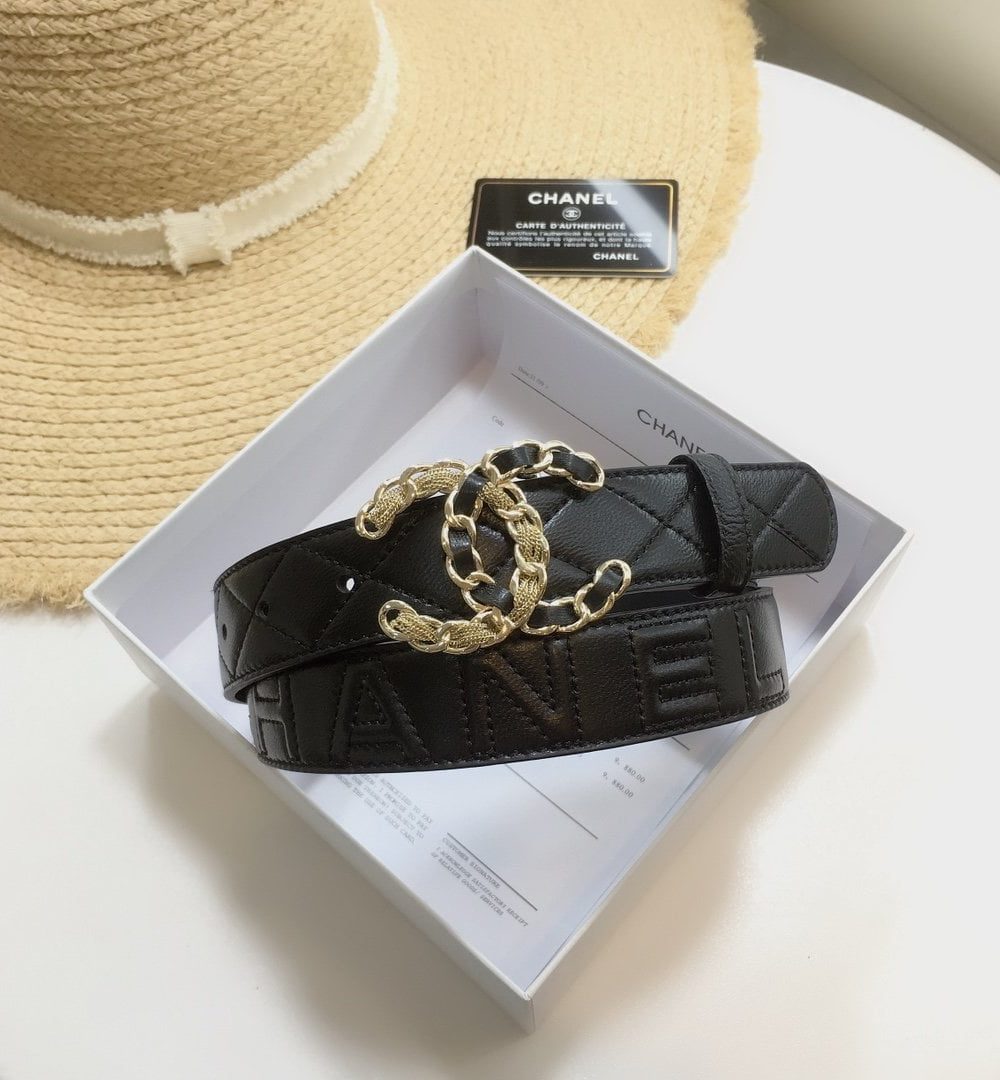 1:1 Replica Chanel Quilted Belt With Double C Buckle Black with Gold mix Black Hardware Women Belt