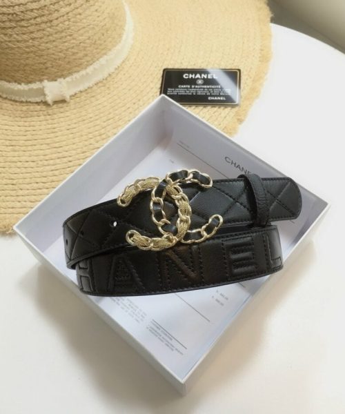 1:1 Replica Chanel Quilted Belt With Double C Buckle Black with Gold mix Black Hardware Women Belt