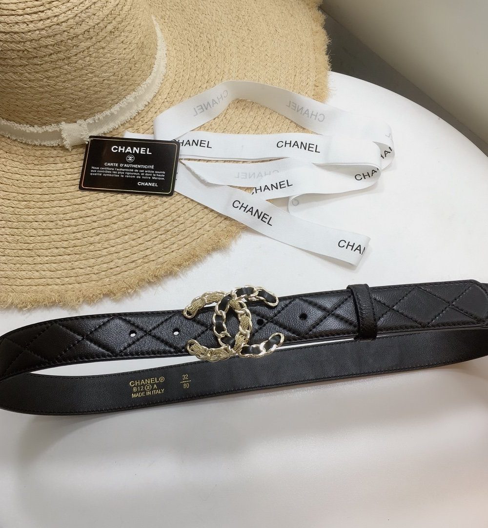 1:1 Replica Chanel Quilted Belt With Double C Buckle Black with Gold mix Black Hardware Women Belt