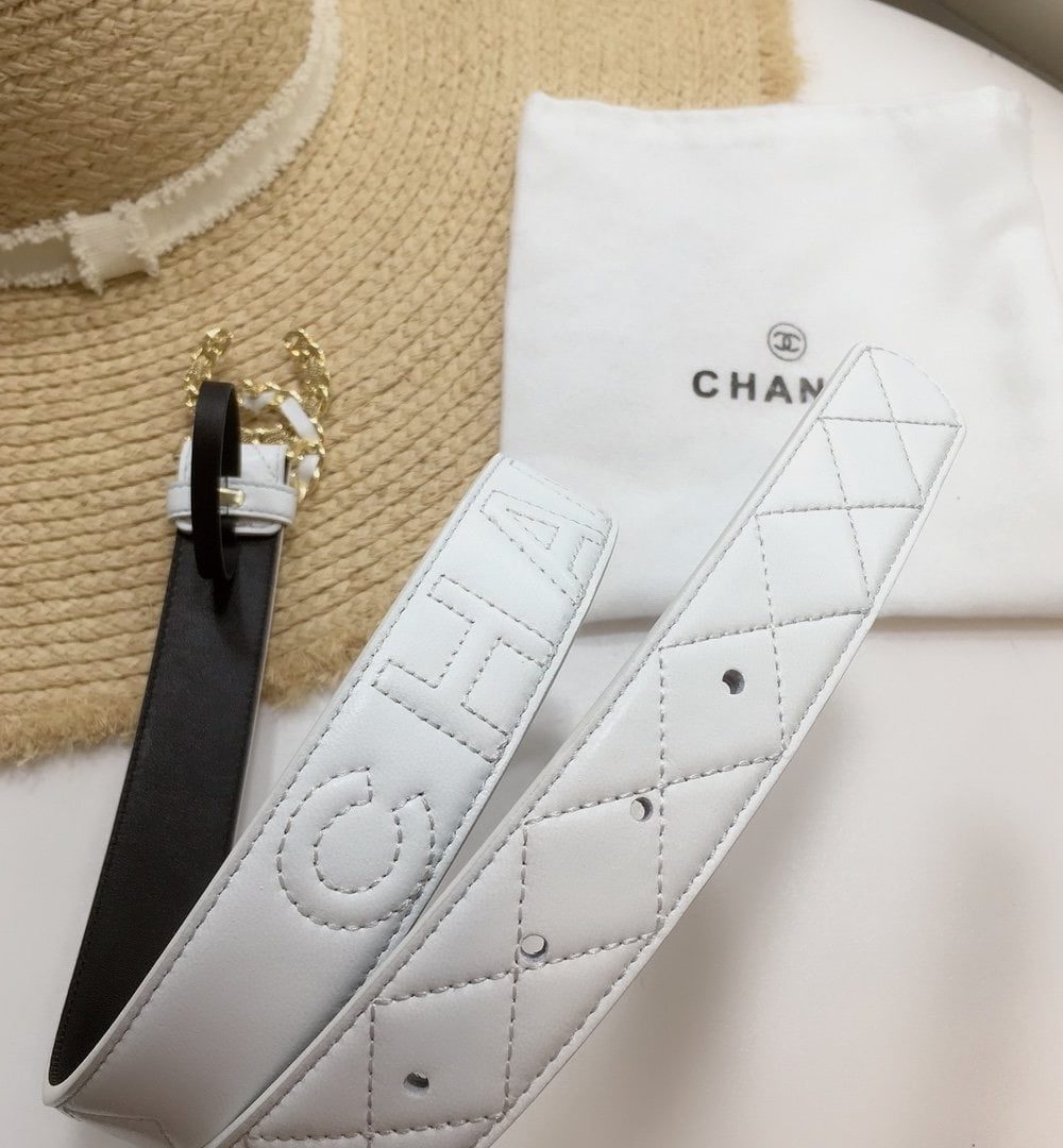 1:1 Replica Chanel Quilted Belt With Double C Buckle White with Gold mix White Hardware Women Belt