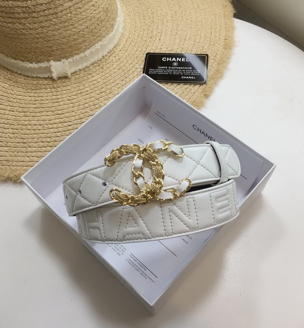 1:1 Replica Chanel Quilted Belt With Double C Buckle White with Gold mix White Hardware Women Belt