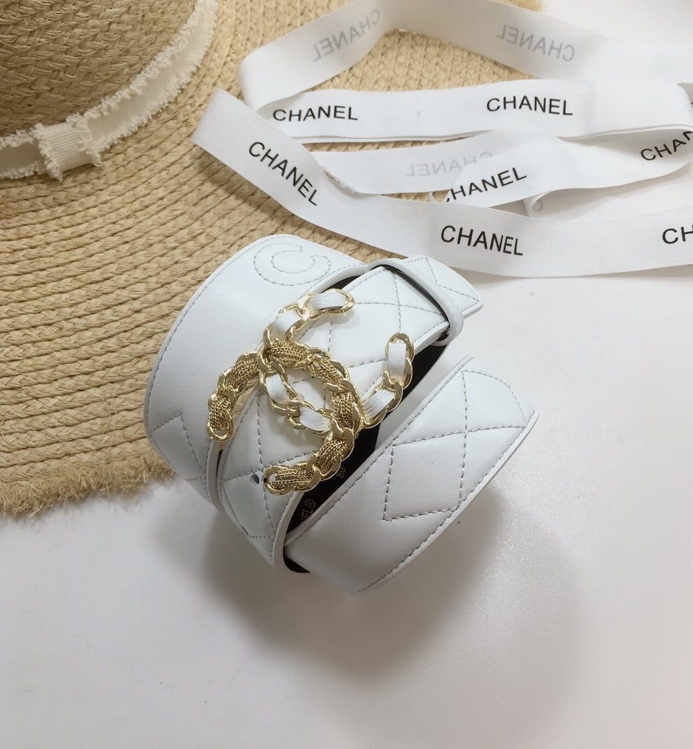 1:1 Replica Chanel Quilted Belt With Double C Buckle White with Gold mix White Hardware Women Belt