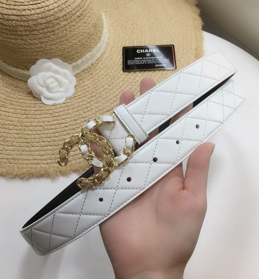 1:1 Replica Chanel Quilted Belt With Double C Buckle White with Gold mix White Hardware Women Belt