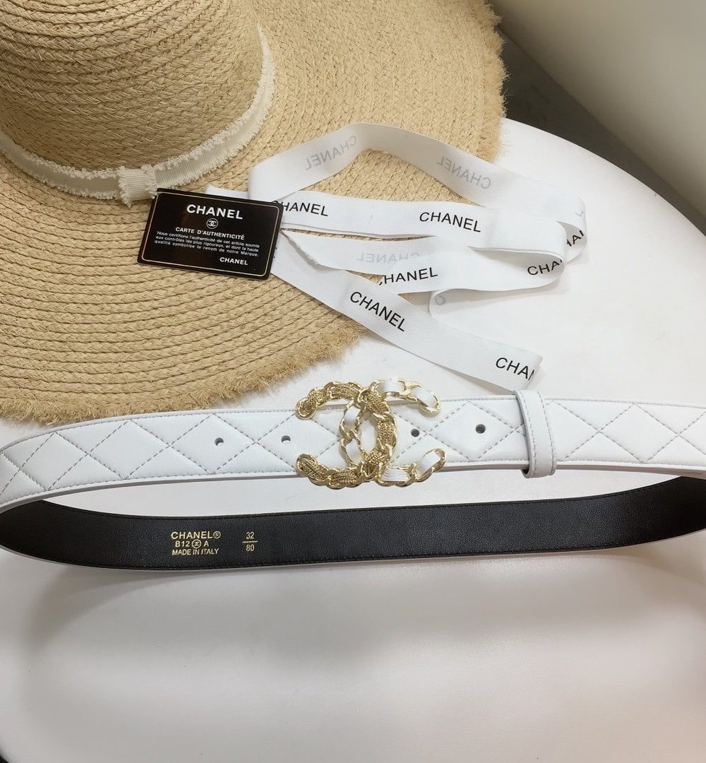 1:1 Replica Chanel Quilted Belt With Double C Buckle White with Gold mix White Hardware Women Belt