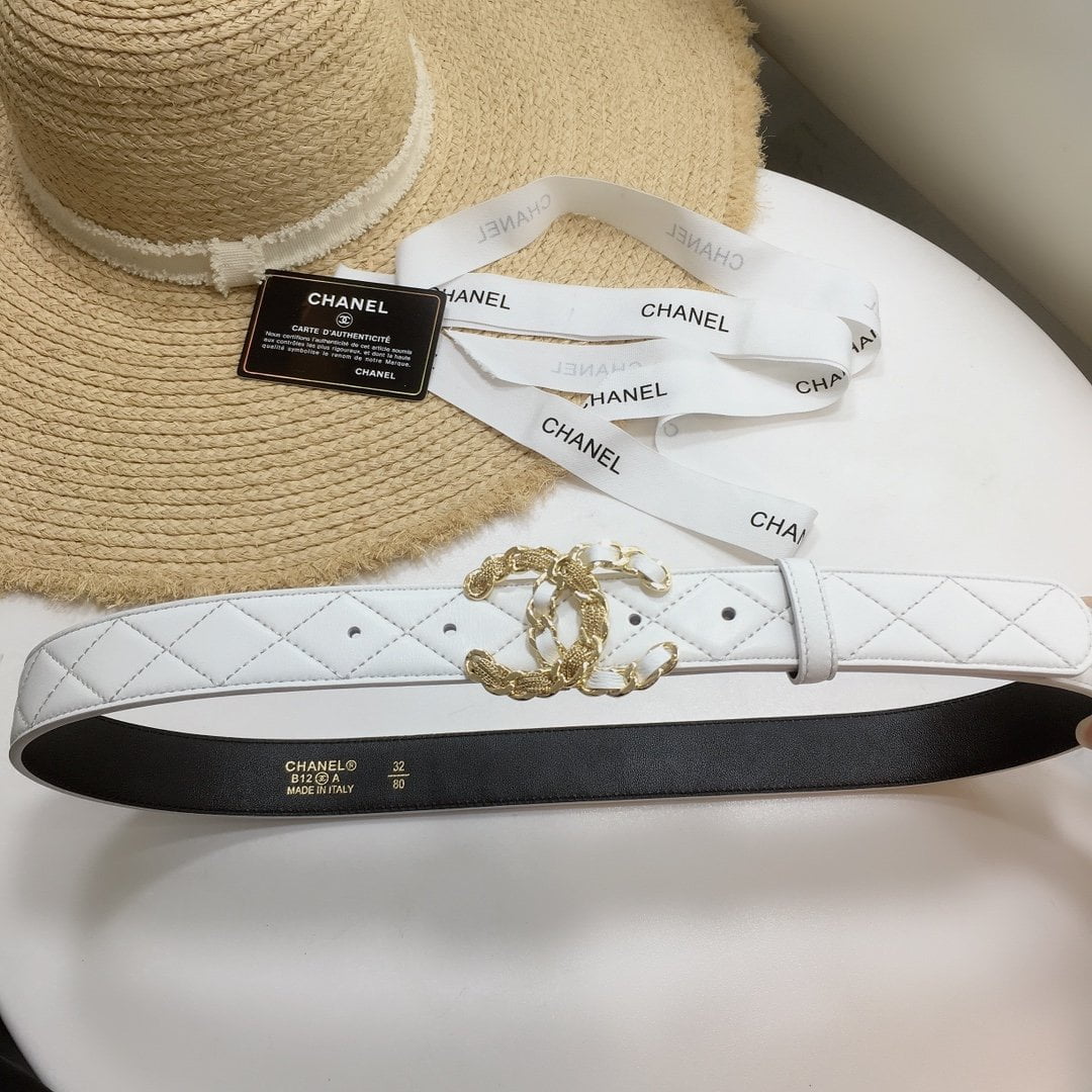 1:1 Replica Chanel Quilted Belt With Double C Buckle White with Gold mix White Hardware Women Belt - Image 4