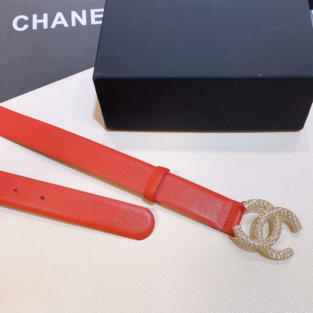 1:1 Replica Chanel Red Belt With Double C Buckle Gold-Toned and Strass Metal Women Belt