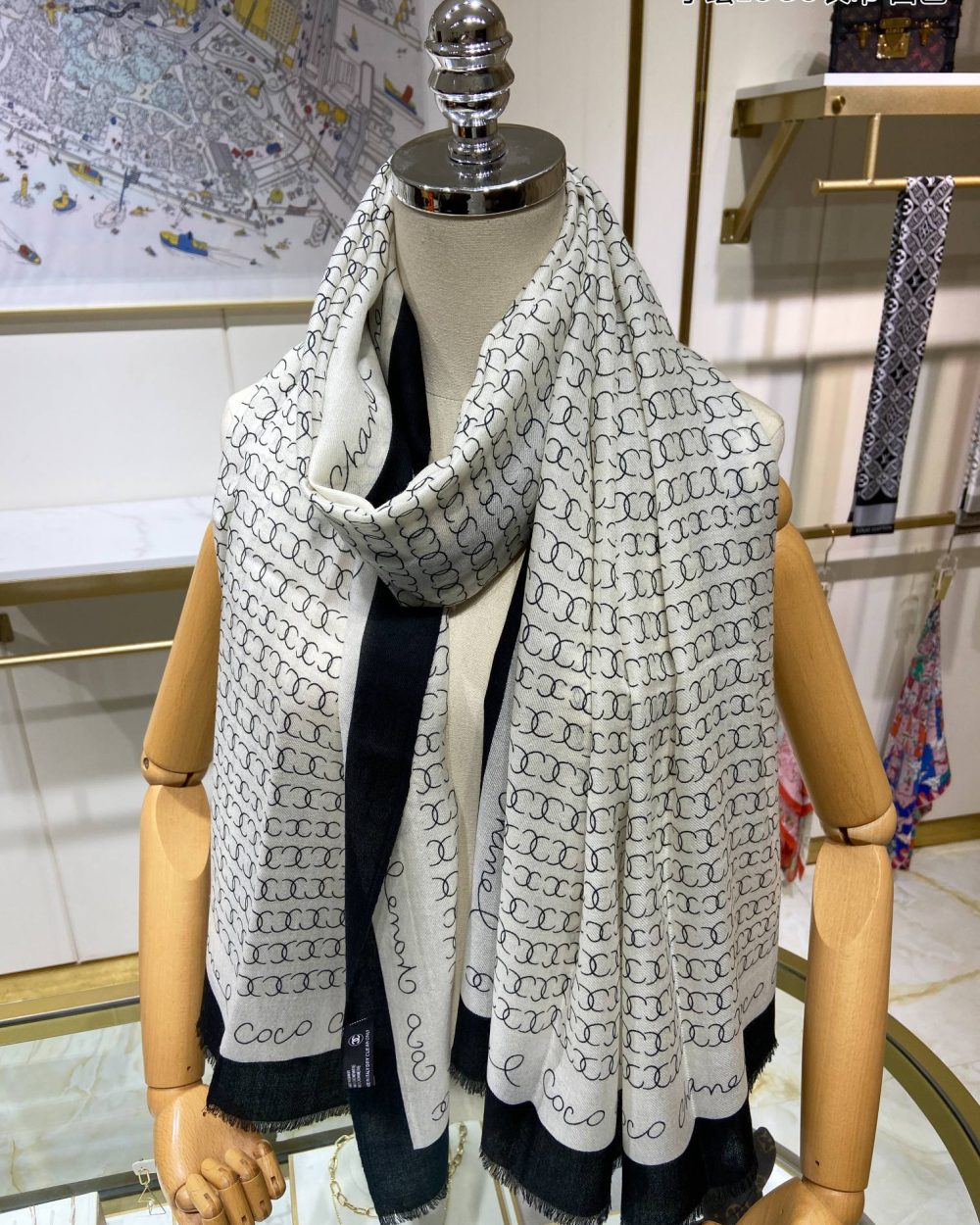 Chanel Silk Chiffon Black and White With Black Border Scarf 200cm/78in 