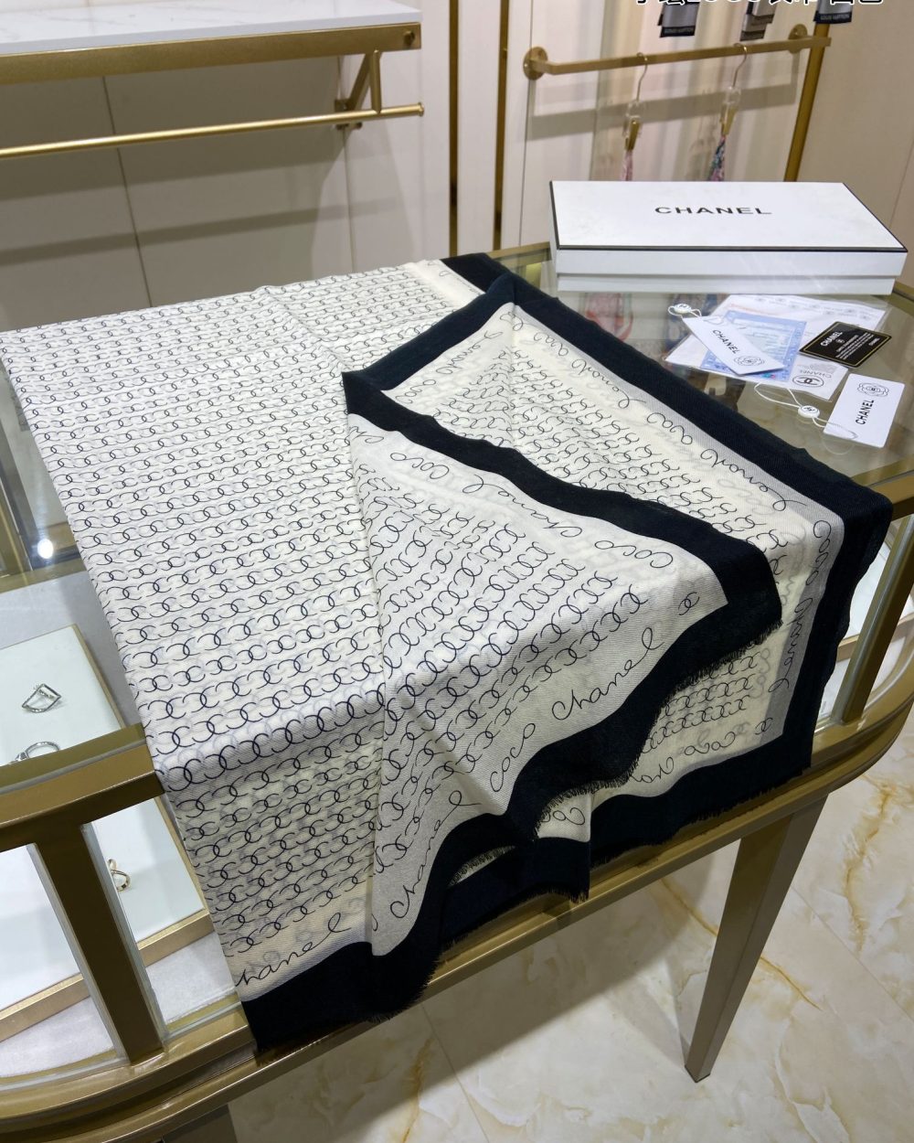 Chanel Silk Chiffon Black and White With Black Border Scarf 200cm/78in