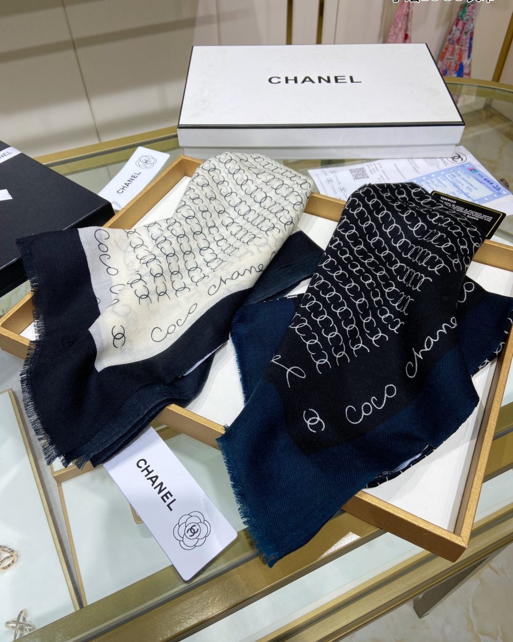 Chanel Silk Chiffon Black and White With Black Border Scarf 200cm/78in 