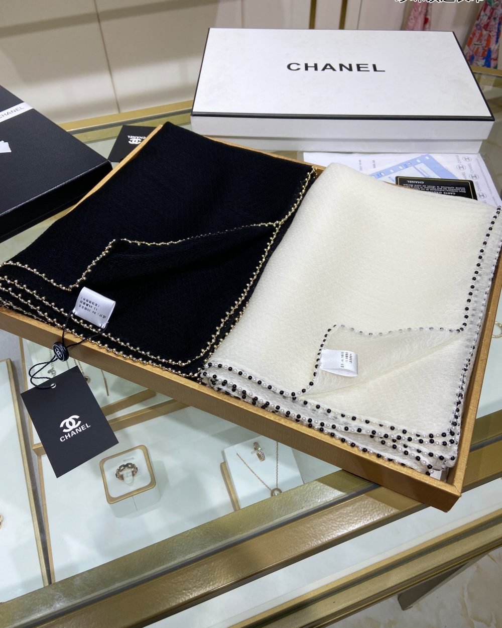 Chanel Silk Chiffon in Black With Toned Gold Beaded Border Scarf 200cm/78in 