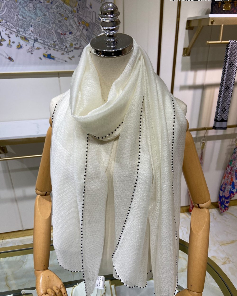 Chanel Silk Chiffon in White With Beaded Border Scarf 200cm/78in 