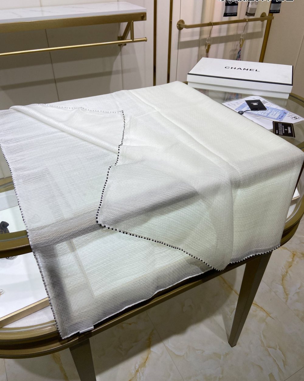 Chanel Silk Chiffon in White With Beaded Border Scarf 200cm/78in