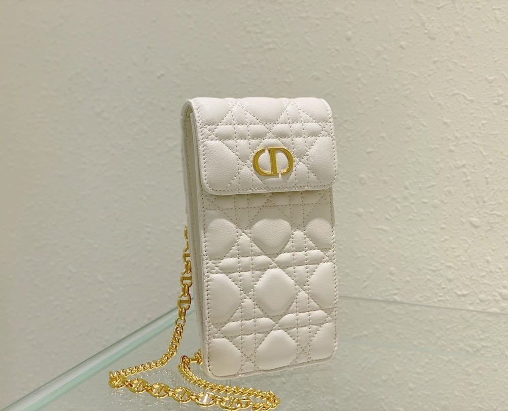 1:1 Replica Christian Dior Caro Phone Holder With Chain White, For Women, Women’s Handbags 7.5in/18.5cm CD