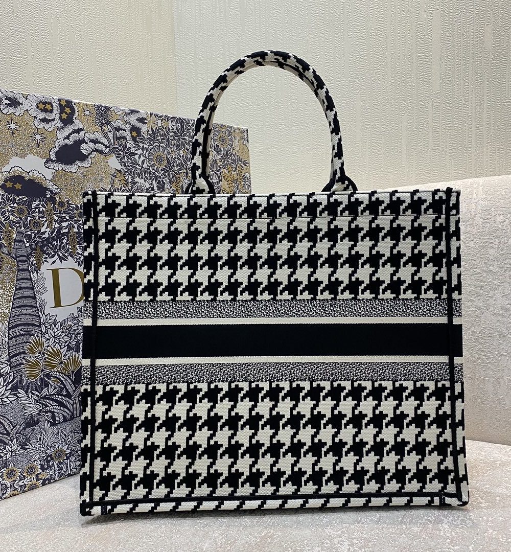 1:1 Replica Christian Dior Large Dior Book Tote Black Houndstooth Embroidery, Black/White, For Women Women’s Handbags, Shoulder Bags, 42cm CD