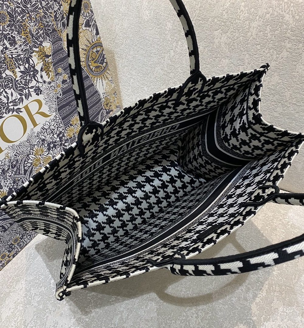 1:1 Replica Christian Dior Large Dior Book Tote Black Houndstooth Embroidery, Black/White, For Women Women’s Handbags, Shoulder Bags, 42cm CD