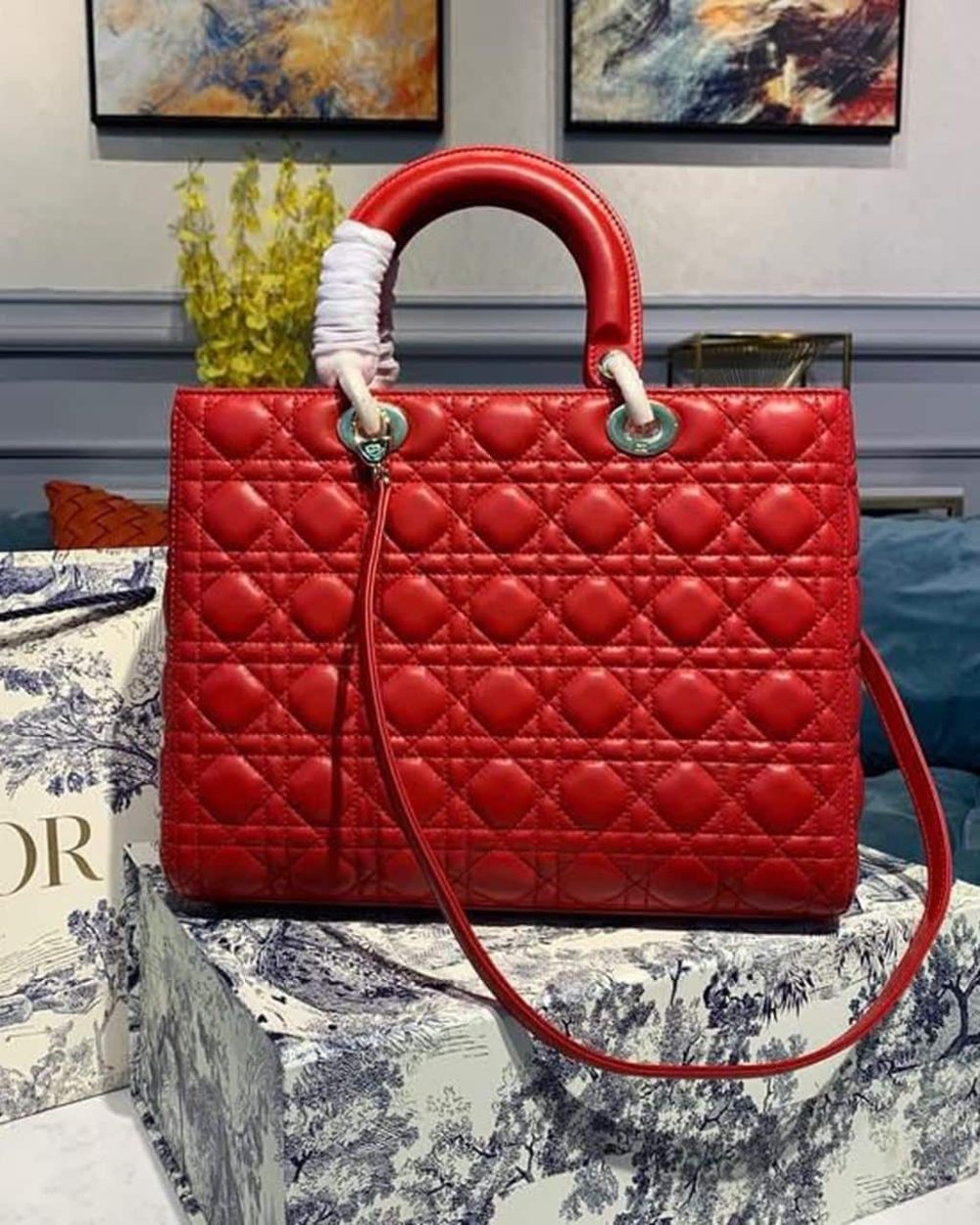 1:1 Replica Christian Dior Large Lady Dior Bag Gold Toned Hardware Cherry Red Cannage For Women CD 12.5in/32cm M0566ONGE_M52R